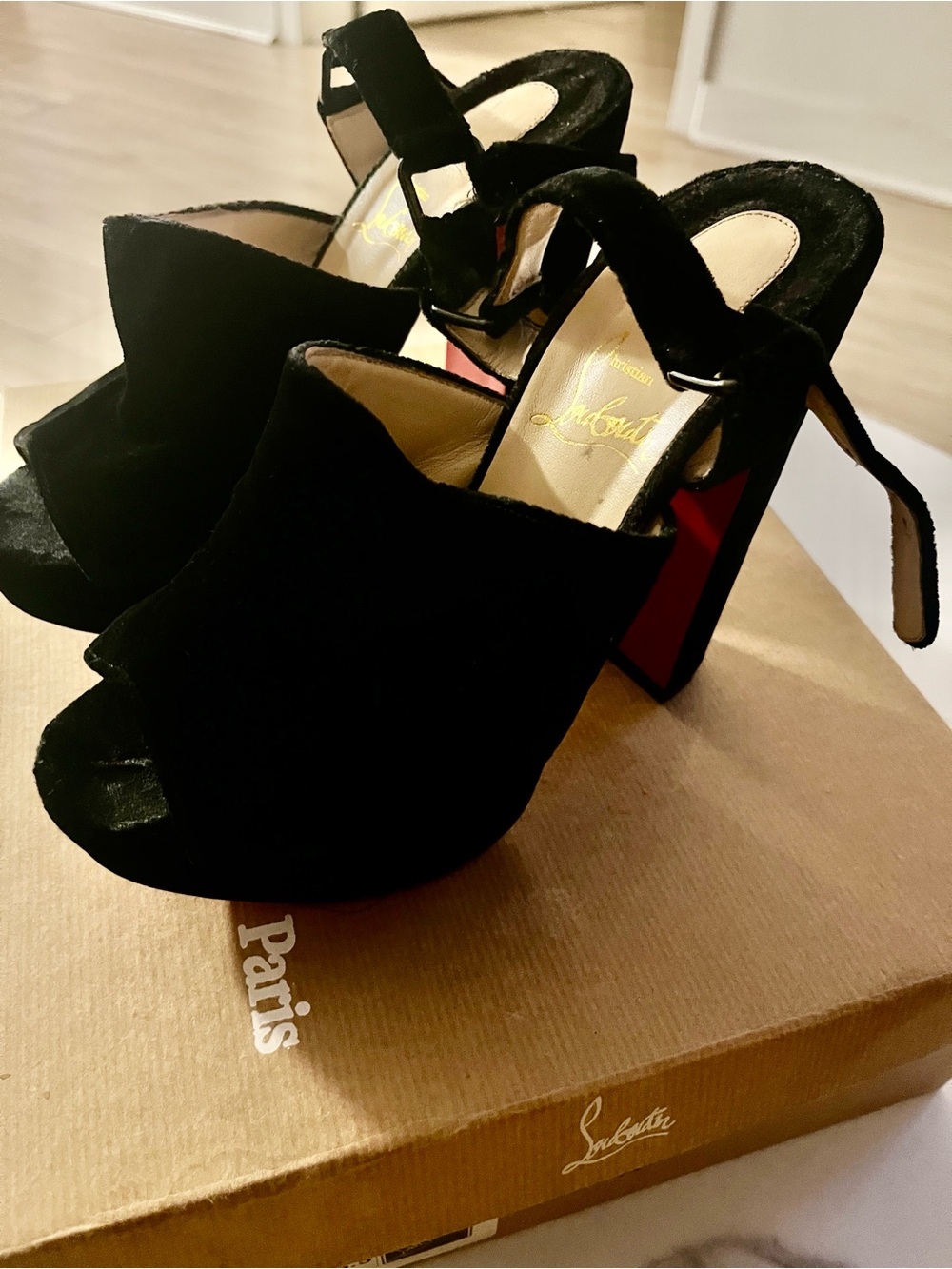 Christian Louboutin Black Suede Open-Toe Block Heel Sandals - Picture 4 of 7